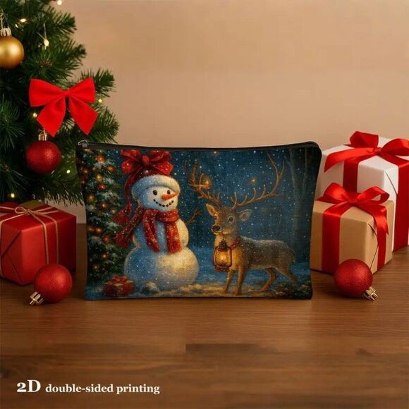 Christmas Winter Snowman and Reindeer Travel Makeup Bag Double Sided Printed - Picture 1 of 2